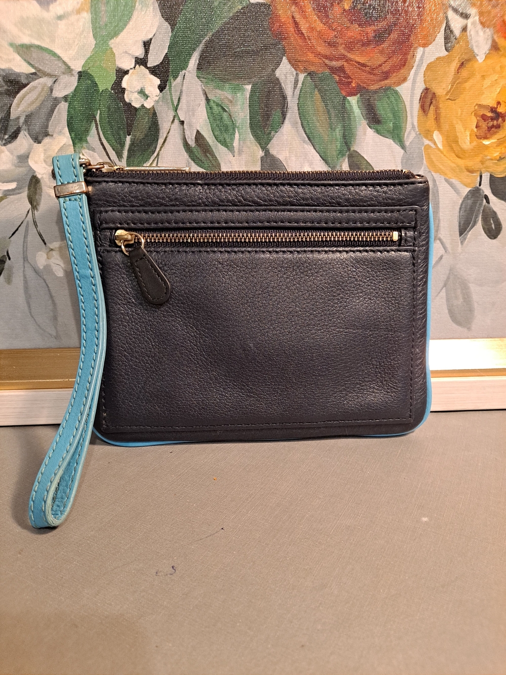 Talbots Navy Pebbled Soft Leather Wristlet Clutch w/Turquoise Trim Minimalist